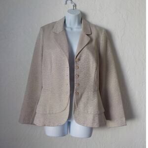 VTG First Lady Silky Beige Blazer Women 10 Button Up Double Ruffle Hem Pattern